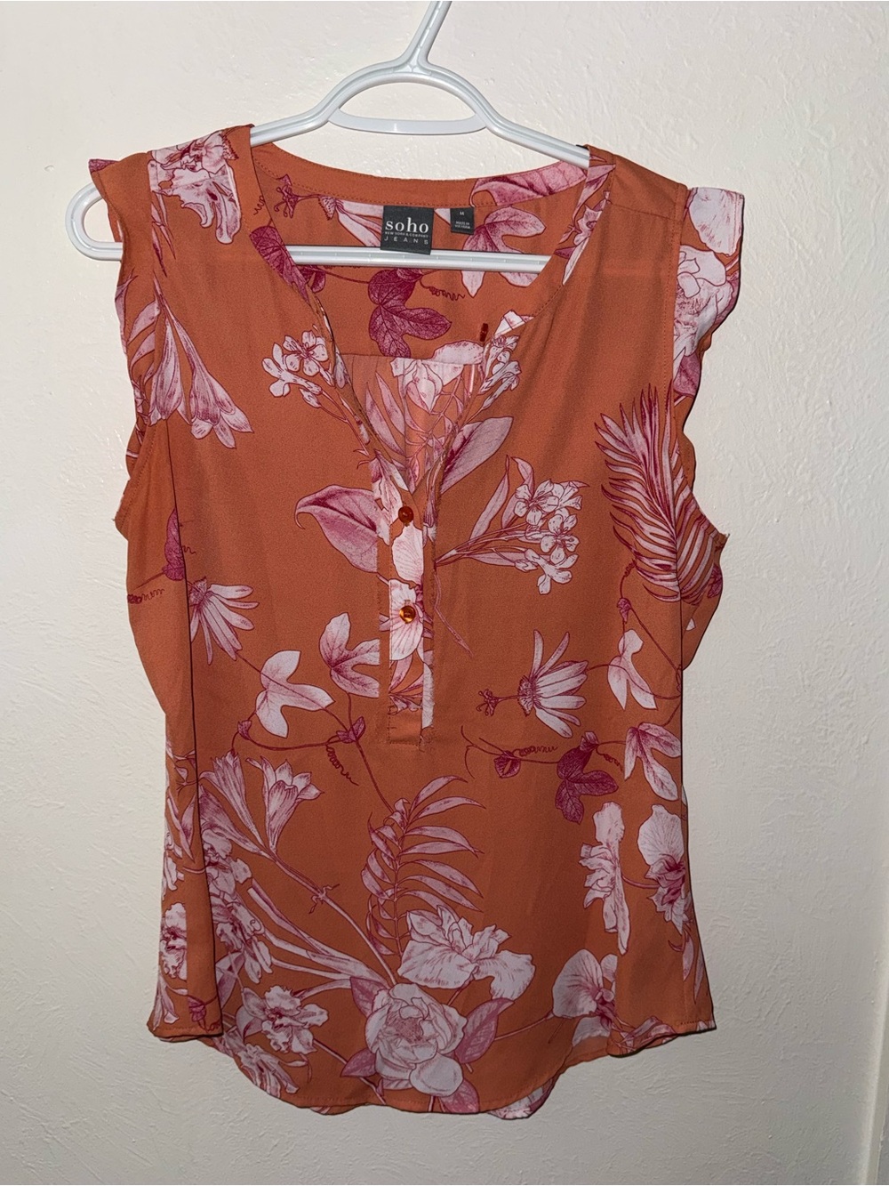 New York & Company Rust coral Floral Sleeveless Blouse with Pink Print